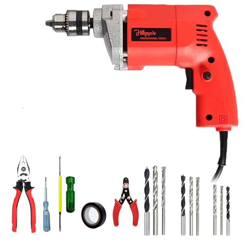 Image of Hillgrove HGCM1115M1 500W Drill Machine with 5Pcs Hand Tool Kit, 9Pcs Drill Bit Set for Making Holes in Metal /Wood /Concrete Pistol Grip Drill (10 mm Chuck Size)