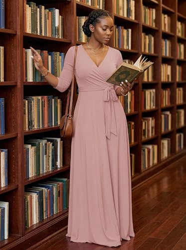 Image of PinkPatty Plus Size Maxi Dresses for Women Casual Flowy Long Dress 3 /4 Sleeve V Neck Wrap Dress with Belt