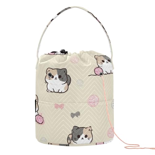 Image of Tatenale Crochet Bag Yarn Bag Knitting Project Bag with Pockets and Handle Portable Yarn Storage Organizer Tangle Free 8.3x11 Inch Cats Cute