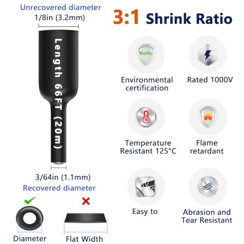 Image of 1 /8 inch Heat Shrink Tubing, 66Ft 3:1 Ratio Wire Heat Shrink Tube Roll Marine Grade Dual Wall Adhesive Lined Waterproof Shrink Wrap Tubing for Automotive and Industrial - Black