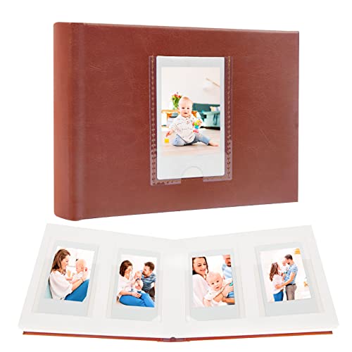 64 Pocket Mini Photo Album with Writing Space,Faux Leather Cover