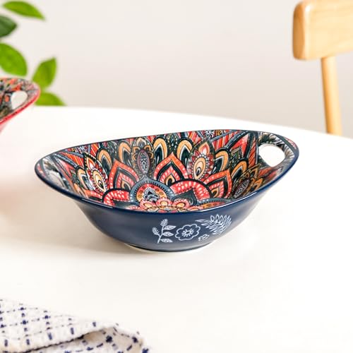Image of Nestasia Mandala Ceramic Serving Bowl with Handles (400 ml) - Microwave & Dishwasher Safe Pasta Bowl | Floral Bowl with Glossy Finish - Ideal for Soup, Curries, Snacks, Salad & Noodles (Blue)