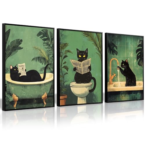 Cat Bathroom Wall Art Funny Canvas Wall Decor Black Cat Pictures Cute Prints Funny Bathroom Poster Green Toilet Art Vintage Painting Artwork Cute Posters for Toilet Washroom 12x16x3 Inch Unframed