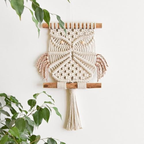 Image of tms Macrame Owl Wall Hanging - Off-White, 10x18 Inch | Handmade Boho Home Decor | Cotton Rope Wall Art | Vintage Owl Design | Living Room, Bedroom & Office Decoration | Housewarming & Gift Item