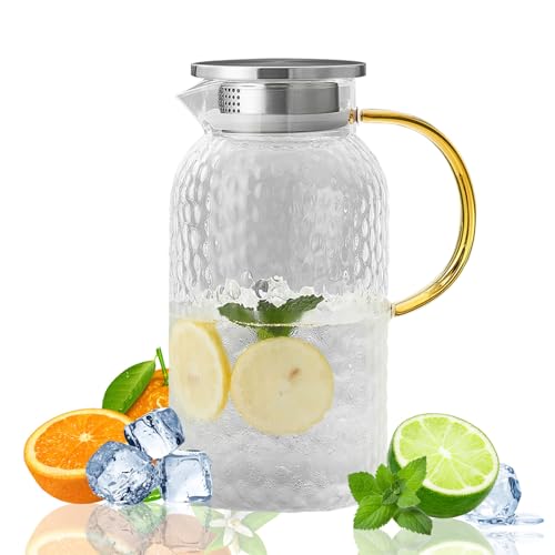 GmeDhc Jarra de Agua Cristal, Jarra Cristal con Tapa de Acero Inoxidable, 1800ML, Transparente y Resistente, para Bebidas frías y Calientes, fría Caliente té, café, Jugo, Ja