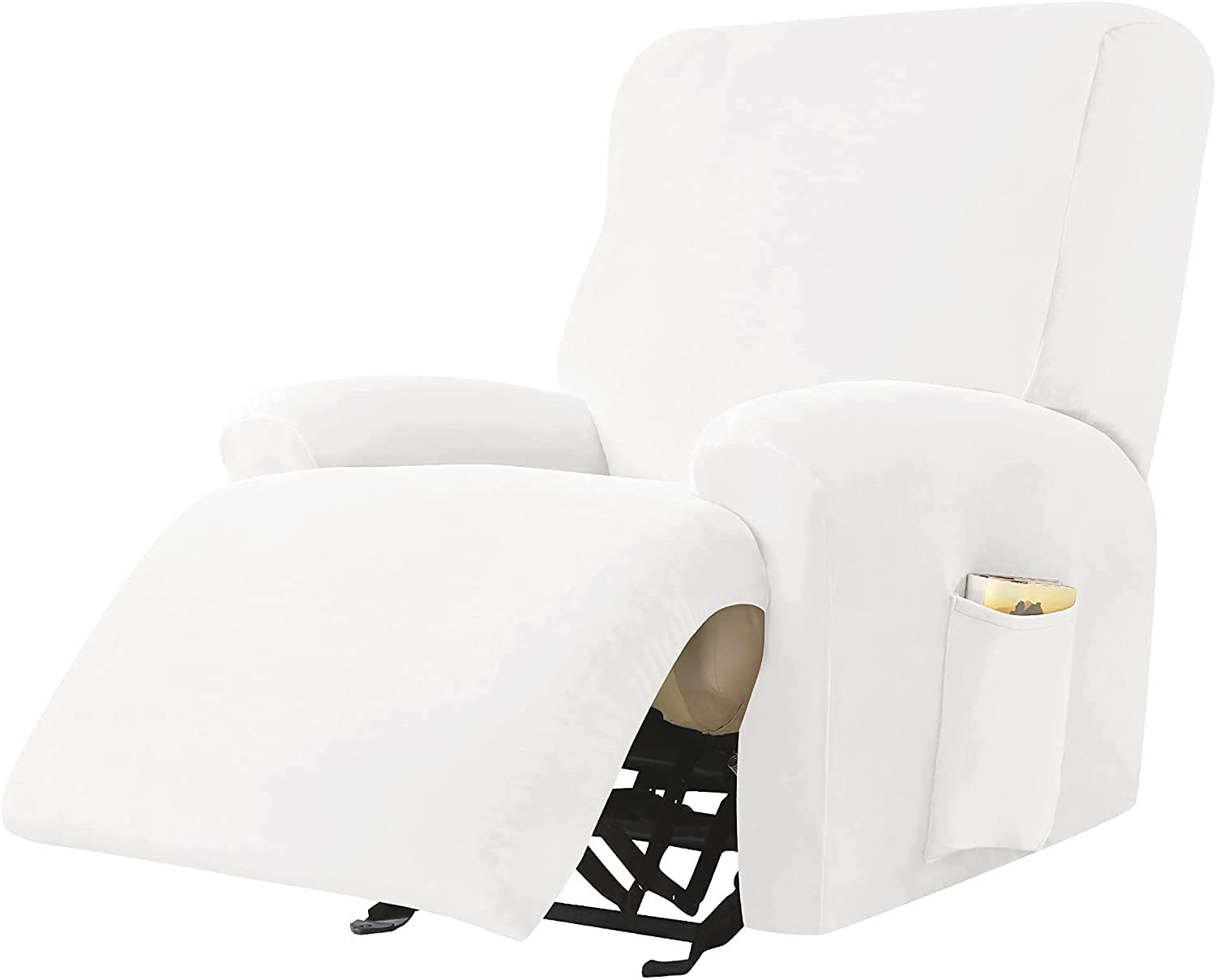 FASCINATDECO 4-Pieces Velvet Recliner Covers Recliner Chair Covers for Leather and Cloth | Living Room Recliner Chair Slipcovers with Side Pocket, Fitted 23"-35" Seat Width (White)