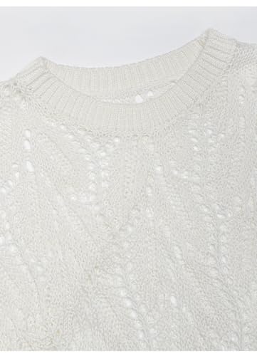 Crochet Knit Short Sleeve Sweater, Linen Blend,BC601 (US, Alpha, Large, Regular, Regular, Rice White)2
