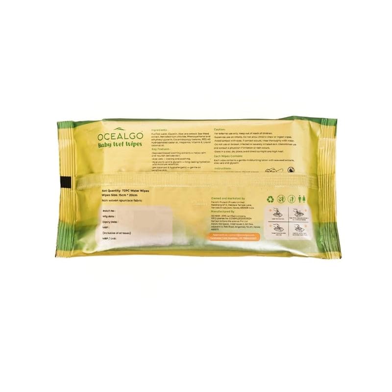 Image of Seaweed Baby Wipes | 99% Pure Water, Aloe Vera & Vitamin E | Gentle for Face & Body | Hydrating, Alcohol-Free & Dermatologically Tested | Extra Smooth Design for Newborn Skin | 72 wipes /Pack
