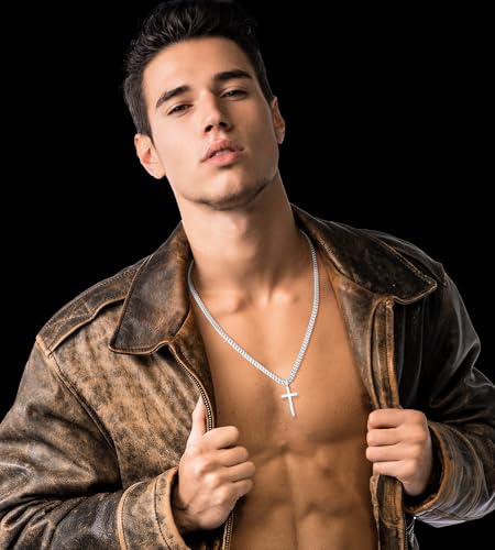 Italian 925 Sterling Silver Cross Necklace for Men, 18k Gold Over Sterling Silver Cross Necklace with World-class Craft 4mm Cuban Link Chain for Men Boys Women, Durable, Colorfast 16-26 Inch4