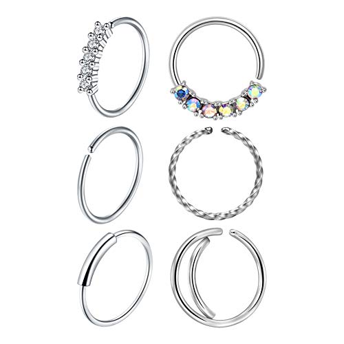 Crdifu 6 Piezas Piercing Nariz Aros Pack Conjunto 20G 8mm Acero Inoxidable Anillo Circular Labio Tragus Helix Pendiente