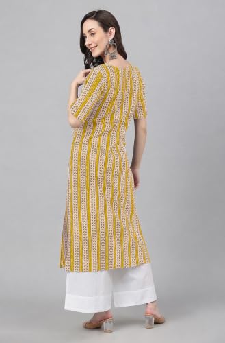 Image of Janasya Women's Mustard Pure Cotton Striped Printed Straight Kurta