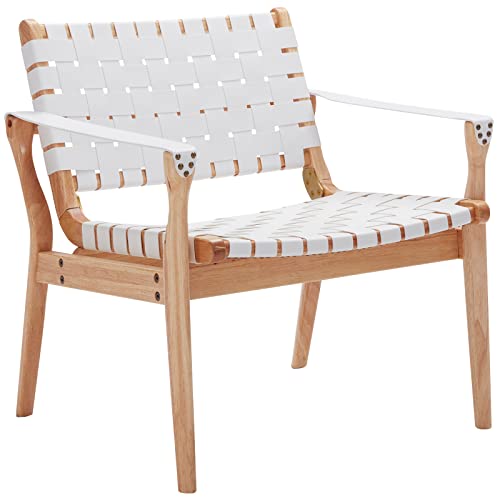 Scandinavian Cognac Woven Leather Chair, Boho All Wood Oak Living Room Chairs Side Modern Accent Chairs For Bedroom Balcony Sunroom Chase Lounger White Faux Leather Accent Leather Accent Chair Natural #TOP6