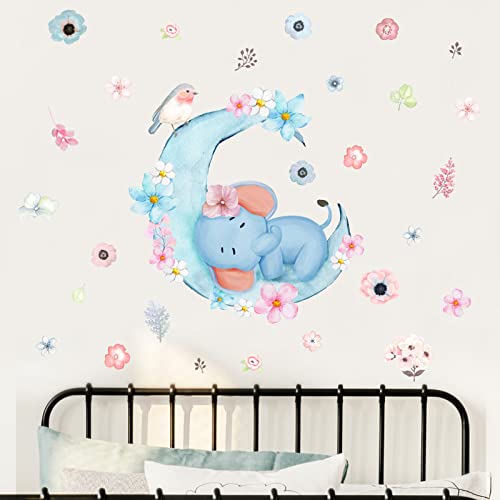 Maydahui Baby Sleeping Elephant Wall Decals Blue Watercolor Moon Bird Flowers Wall Sticker (34" X 34") Peel & Stick Removable Dream Big Little One Elephant Art Mural Decor For Nursery Kids Bedroom Toddler Room Bathroom #TOP25