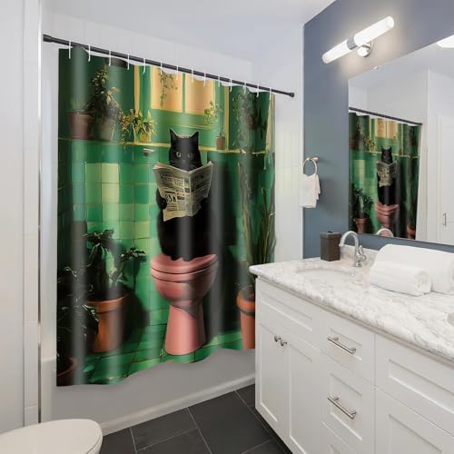 APROPHIC Funny Cat Shower Curtain, Green Shower Curtain for Bathroom, Balck Cat Reading Newspaper Print Bathroom Curtain Decor Waterproof Fabric with 12 Hooks, 72x72 Inch
