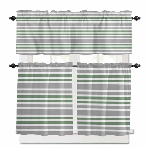 Sage Green Grey Striped Kitchen Curtains 36 Inch Length,3 Piece Rod Pocket Small Half Tiers and Valance Set,Horizontal Lines Simple Minimalist Small Large Window Treatment Decor for Bedroom/Bathroom