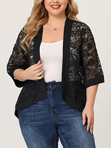 Image of Agnes Orinda Plus Size Cardigans for Women 3 /4 Sleeve Open Front Lightweight Sheer Shrug Lace Bolero Cover Up
