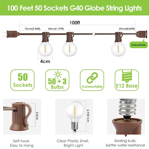 Mlambert 100Ft LED Outdoor String Lights, Dimmable G40 Globe Patio Lights with 50+3 Waterproof Shatterproof Bulbs for Backyard Porch-Brown Cord 1 Pack by Mlambert - Used condition - Image 3