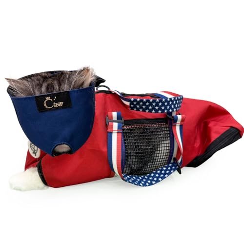 Image of Cinf Cat Nail Clipping Cleaning Grooming Restraint Bag (Free Muzzle) No Scratching Biting for Bathing Nail Trimming Injecting Examining((Red USA Flag,M)