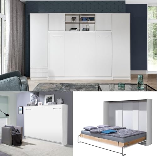 QMM Schrankbett Wandbett Wandklappbett horizontal HB 140x200 mit 2 Schränken & Aufsatz weiß