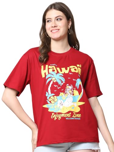 Image of Fabflee Oversized Cotton Baggy Drop Shoulder Graphic Tee with Half Sleeves | Korean Casual Loose T-Shirt for Women