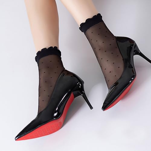 Image of 20 Pairs Women's Sheer Ruffle Socks Ankle High Nylon Cool Ultra Thin Frilly Socks See Through Silk Nude Short Lace Dress Sock for Women Clear Crew Hosiery Breathable