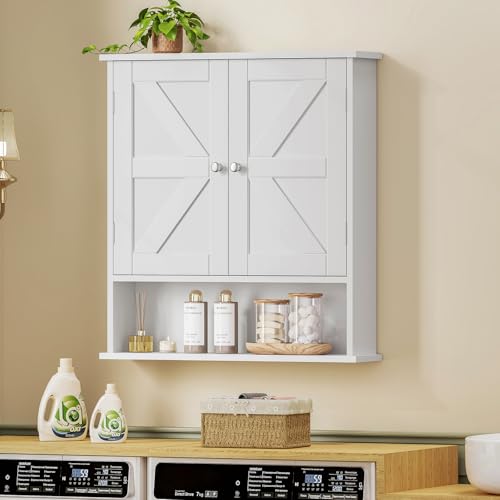 Image of TEENFON Bathroom Wall Cabinet, Bathroom Cabinet with Barn Doors & Adjustable Shelf, Over The Toilet Storage Cabinet, Medicine Cabinet, White UNGGX001WV1
