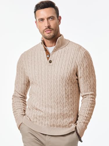 Image of JMIERR Men's Cable Knit Pullover Sweater Casual Long Sleeve Stand Collar Button Knitted Sweaters