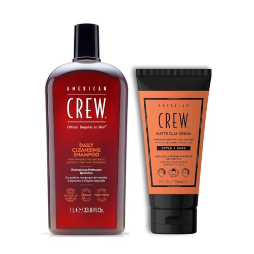 American Crew - Rutina Diaria para Cabello Normal a Graso, Daily Cleansing Shampoo 1000 ml + Matte Clay Cream, Gel de Arcilla Mate 150 ml, Limpieza Profunda, Detox y Fijación Natural