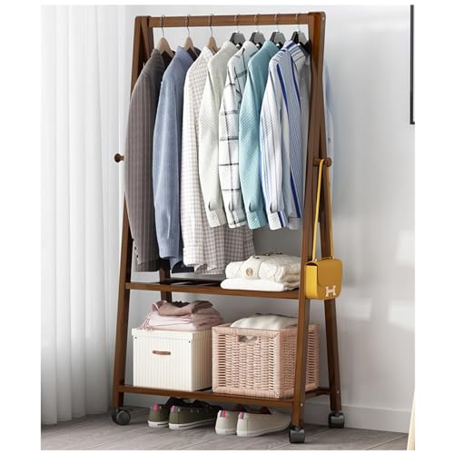Rack de vêtements roulants en bois massif marron avec étagère pour organisation de chambre