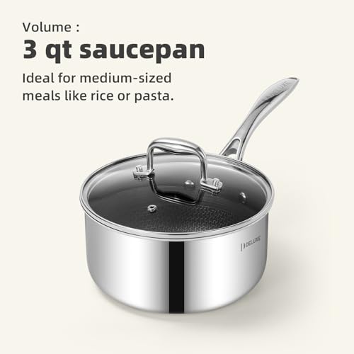 DELUXE Hybrid Ceramic Nonstick 3-Quart Saucepan with Tempered Glass Lid, Stainless Steel Pot with Stay-Cool Handle, Dishwasher Oven Safe, Induction Ready, PFOA Free Compatible with All Cooktops