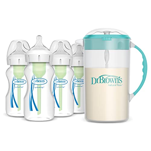 Image of Dr. Brown's Baby Formula Mixing Pitcher 32oz, Teal with Anti-Colic Options+ Wide-Neck Baby Bottles, 4 Pack, 9 oz