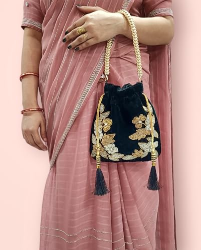 Image of Velvet Potli Bag with Golden & Silver Beaded Flower Embroidery - Handcrafted Ethnic Drawstring Bag for Weddings, Parties & Festive Gifts - Beaded Handle & Tassels for Women