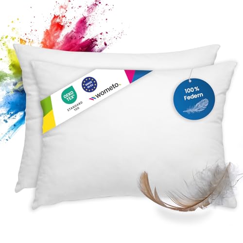 wometo Lot de 2 Coussins en Plumes, 100% Plumes, 30 x 50 à 330 g, oekoTex, Housse Coton - Blanc - Coussin intérieur, Rembourrage de Coussin et Petits...
