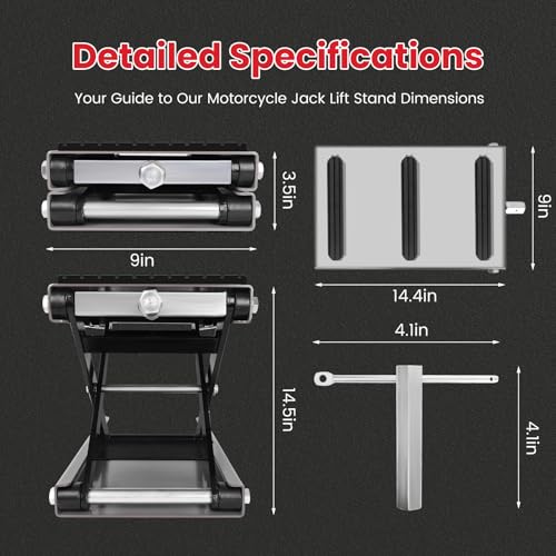 Image of 1300 LBS Motorcycle Jack, Thickened 0.48 inch Rubber Pad Motorcycle Lift, Upgraded Anti-Slip Bottom Dirtbike Stand, Carbon Steel Motorcycle Center Stand with Wide Deck, Chain Brush, T-Handle for ATV Gray