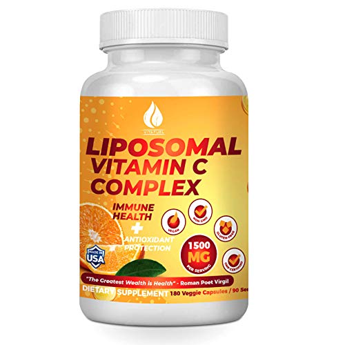 Liposomal Vitamin C 1500 mg - Best Pure Fat Soluble Ultra High Absorption Ascorbic Acid Vitamins C Complex - 180 Capsules - 90 Servings - 750 mg per capsule - Supports Immune System & Collagen Booster