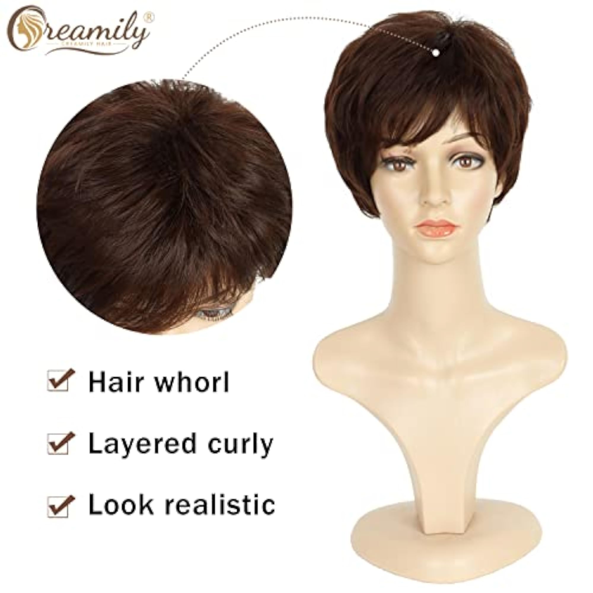 Short Brown Pixie Cut Wigs with Bangs for Women
