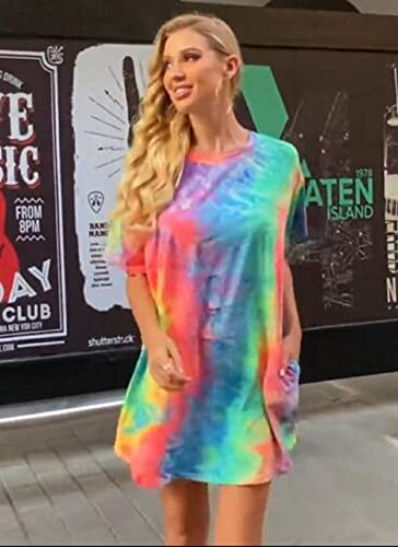 Image of MOUSYA Women Tie Dye Dress Short Sleeve T Shirt Dress Summer Casual Loose Mini Dress with Pockets