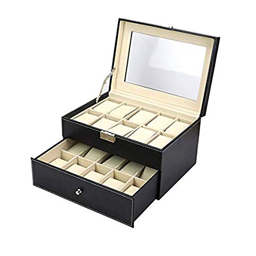AADCART PU leather wrist watch box Watch Storage Case And Watch Organizer Display Collection Box With Transparent Glass For Men’s & Women’s Gift (20 Watch 2 Drawer Organizer)