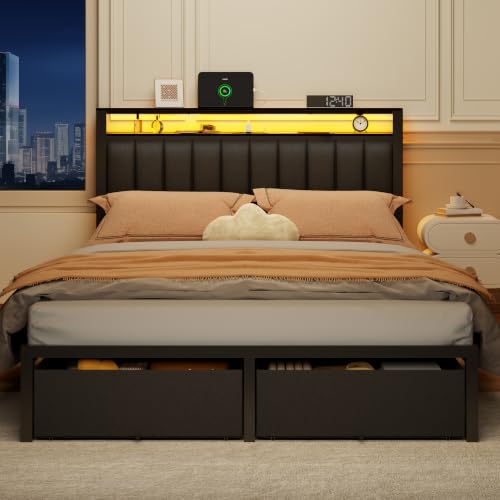 Image of Furnulem Queen Bed Frame with Storage Drawers and Upholstered Headboard