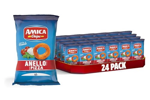 AMICA Chips | Anillo de patatas fritas con sabor a pizza, Snack de maíz cocido al horno, con aceite de girasol, 24 unidades x 40 g
