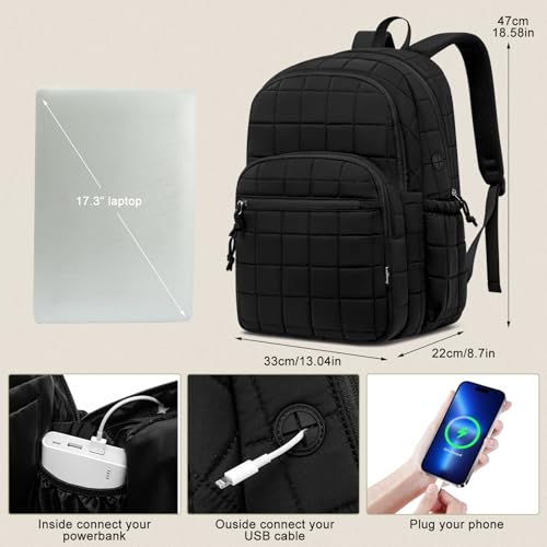 Image of kadilong 17.3 Inch Laptop Backpack for Women College Travel,Quilted Daypack Bookbag for School Teen Girls Mochilas Mujer,Black