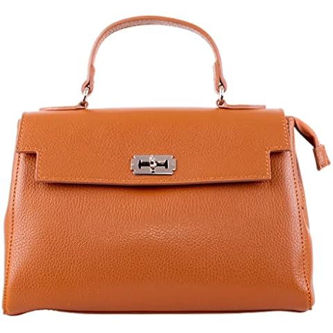 Primo Sacchi Ladies Italian Textured Leather Medium Dark Tan Top Handle Grab Shoulder Bag Handbag with Twist Lock Cover
