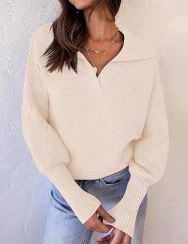 ZESICA Women’s Fall Lapel Collar V Neck Long Sleeve Ribbed Knit Comfy Loose Casual Pullover Sweater Jumper Top