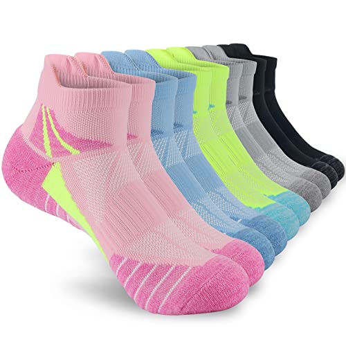 KOOOGEAR Running Trainer Socks Women 4-7,Womens Ladies Ankle Sports Socks Low Cut Anti Blister Cushioned Walking Cotton Socks 5 Pairs Colourful Breathable Wicking Non-slip Athletic Socks