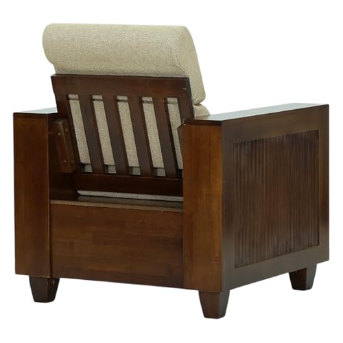 Image of Royaloak Mourya Wooden Single Seater Sofa with Beige Colour Cushion | Solid Wood | Fabric | Molded Cushions | Durable & Long Lasting | Emperor Collection