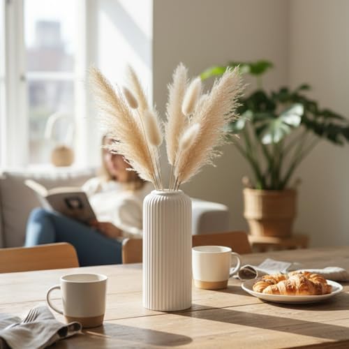 Image of KREATIVE ART'S Modern Ribbed Design Ceramic Flower Vase for Living Room, Flower Pots for Artificial Flower, Home Decoration Item, Home Decor, Vases for Living Room (White, Medium)