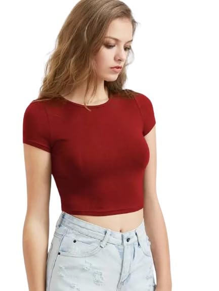 Image of Womens Round Neck Casual Solid Crop Top