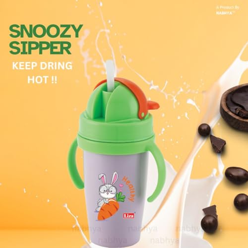Image of Nabhya Inner Stainless Steel & Outer Plastic 360ml BPA-Free Cute Animal Design Baby Sipper Kids Water Bottle with Straw and Side Handle for Kids (Purple & Blue - 2pc)