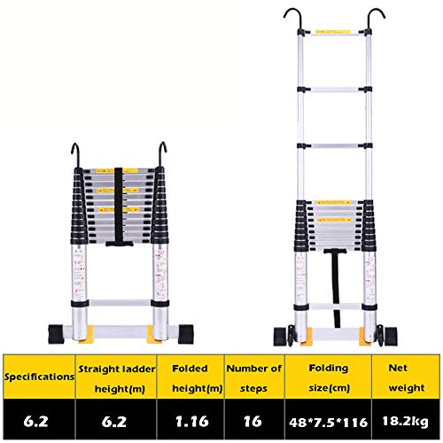 6.2M | 20ft Telescopic Aluminium Extension Ladder with Hook, Portable Extendable DIY Folding Straight Ladder for Home Loft Office Engineering Household