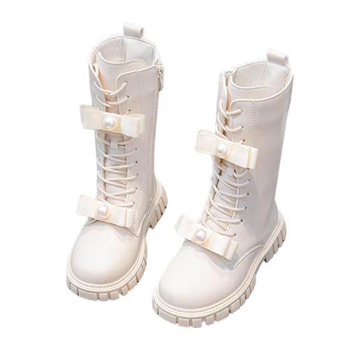 Girls Fur Lined Riding Boots Pearls Lace Up Mid Calf Combat Boots Leather Side Zipper Winter Warm Lug Sole Boot